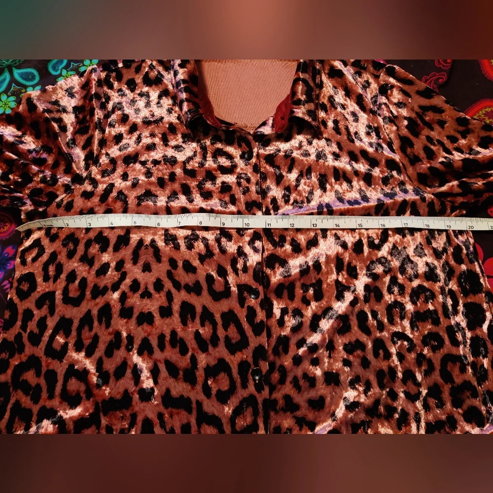 Rose Gold Leopard Print Crushed Velvet Button Down Long sleeve Shirt - Picture 4 of 4
